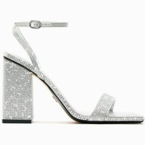 Zara Silver Block Heel Rhinestone Sandals - Picture 3 of 8